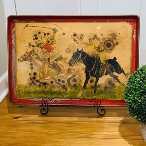 F1-RARE LARGE Antique French Red Tole Tray Polo Players & Horses